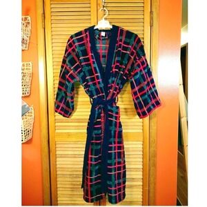 Vintage Mens Plaid‎ Cotton Terry Cloth Robe Sears Roebuck Navy Red Green Holiday